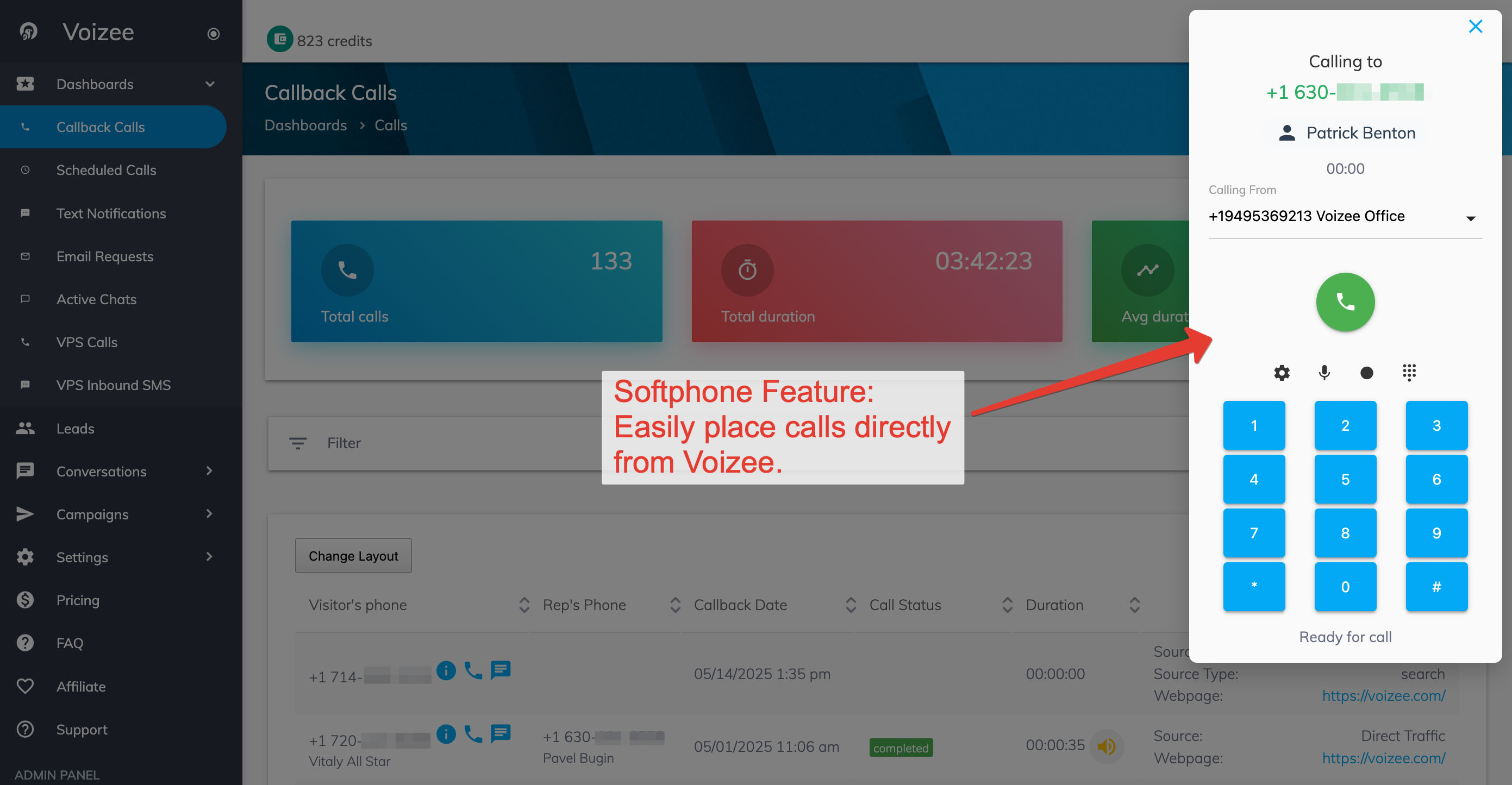 Screenshot of Voizee’s softphone interface, showing the call dialer ready to place a call directly from the dashboard.