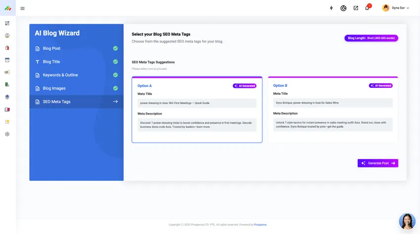 Prosperna AI-powered blog writer