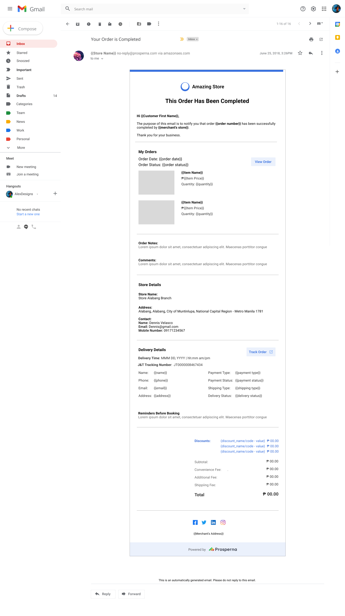 Prosperna J&T Order Tracking Number Inside Email Notifications