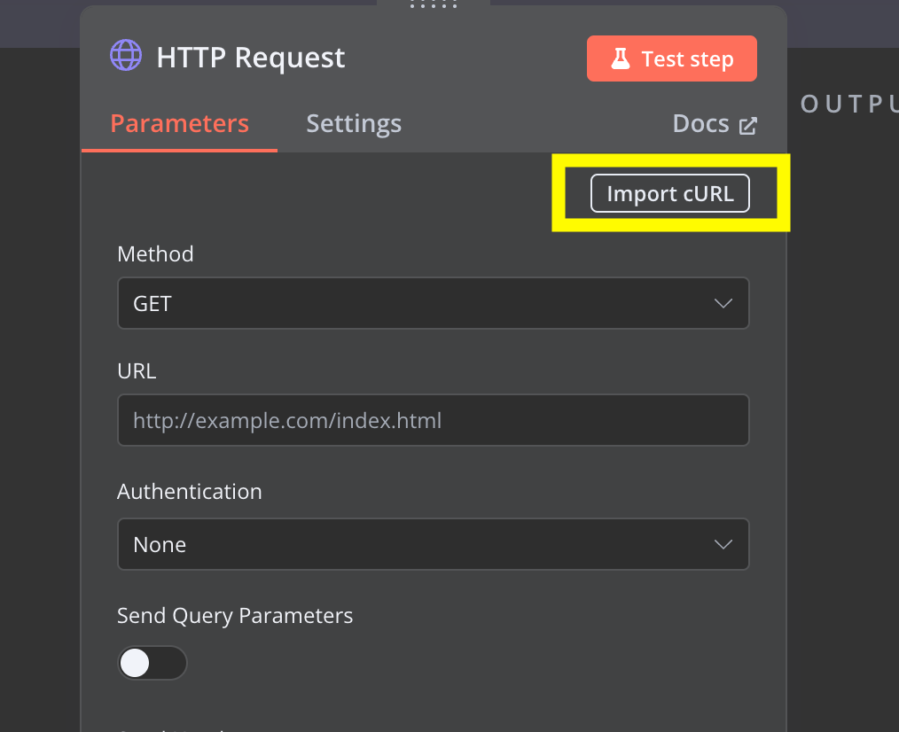 import curl button in n8n http request node